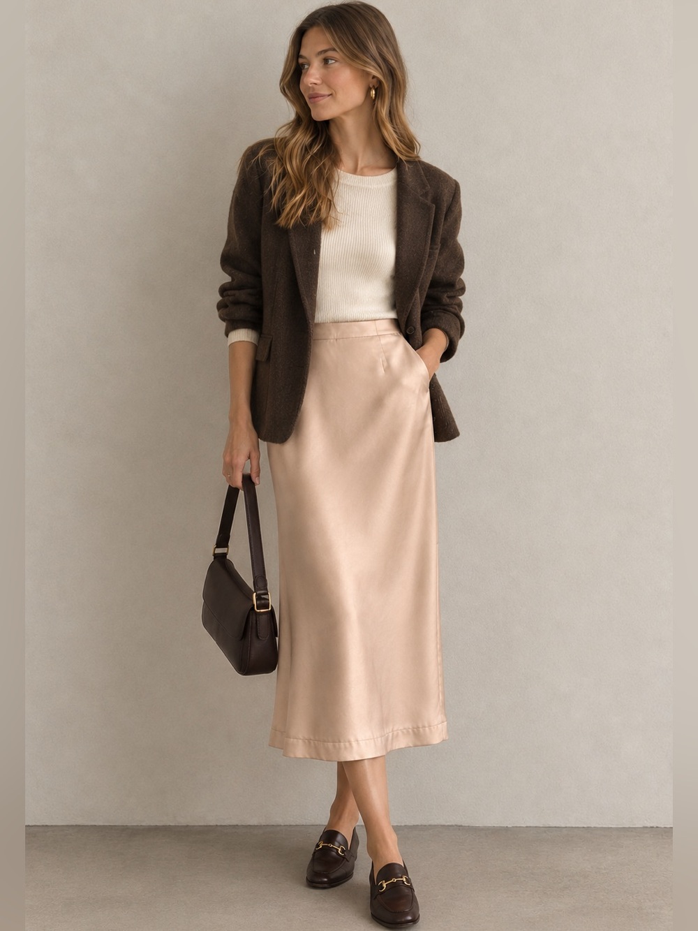 Handmade Pinky-Beige Satin Midi Skirt Side Zip Closure Women’s Small